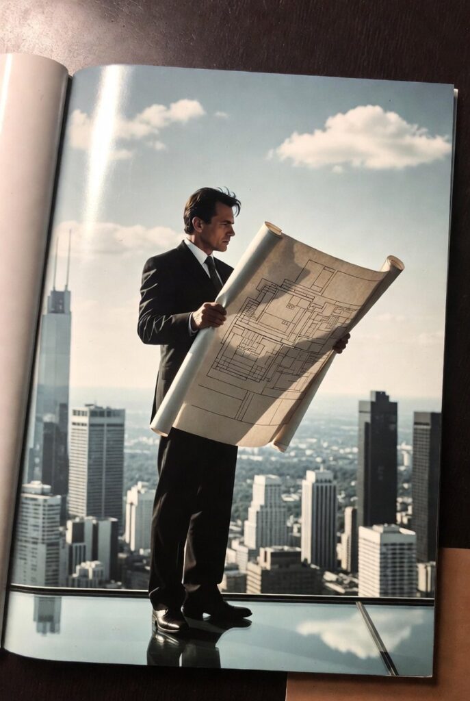 A Slavic man (45-55) in a suit on a skyscraper rooftop, intensely focused on a blueprint, symbolizing the strategic planning required for a high-value corporate escape