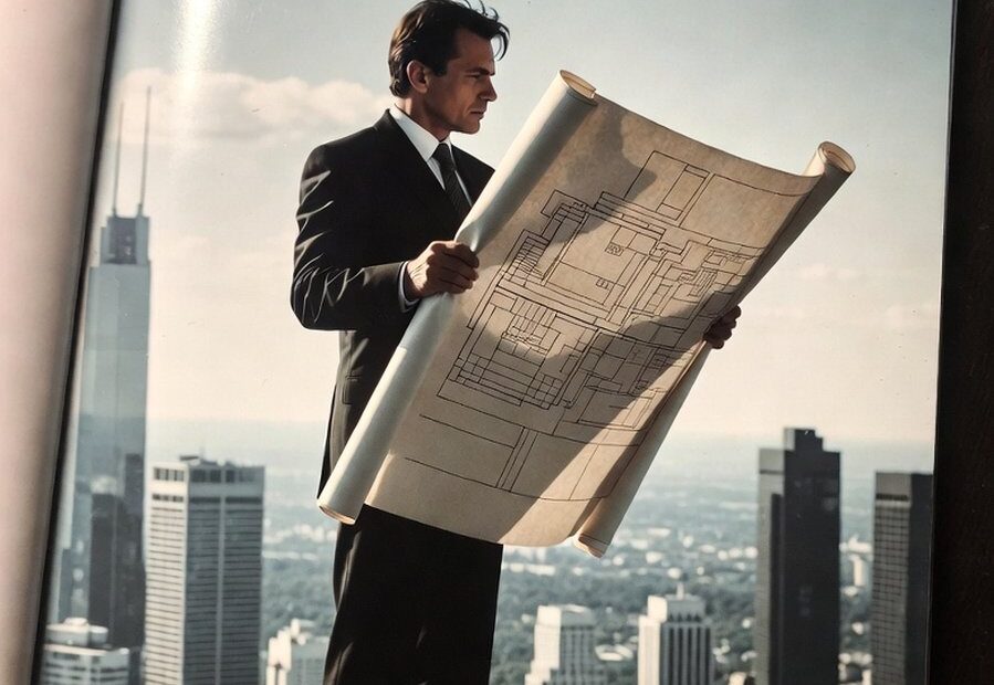 The Price of Genius Sold Wholesale The Secret of Moscow Deal Architects A Slavic man (45-55) in a suit on a skyscraper rooftop, intensely focused on a blueprint, symbolizing the strategic planning required for a high-value corporate escape