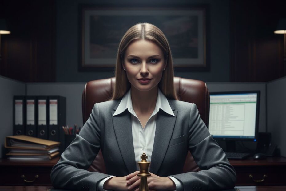 The Irreplaceability Test: Why Your Highest Loyalty Makes You the Cheapest Cog A confident young woman in a business suit, sitting at an office desk with a single golden chess king, conveying a sense of self-importance within a routine corporate setting.
