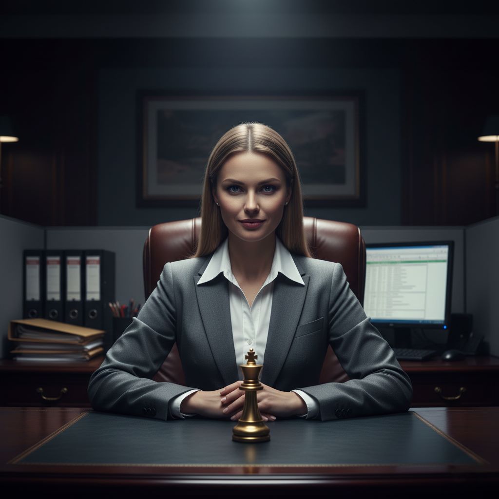 A confident young woman in a business suit, sitting at an office desk with a single golden chess king, conveying a sense of self-importance within a routine corporate setting.