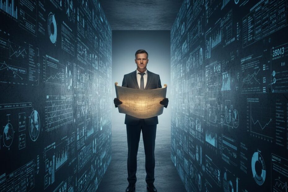 Converting Corporate Loyalty into Personal Capital A determined man holding an illuminated blueprint, stepping out of a corporate maze built of glowing data and charts, symbolizing the executive exit strategy and the Operational Blueprint.