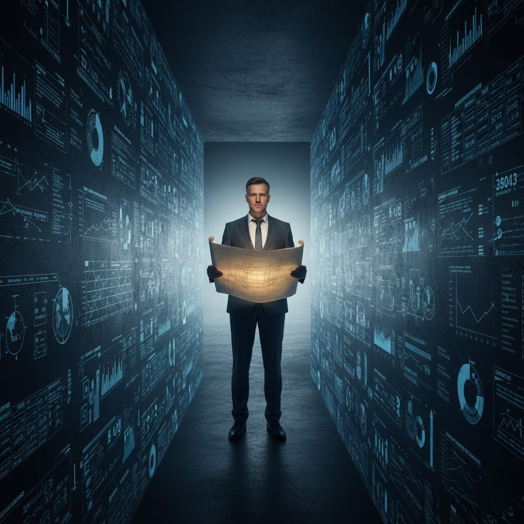 A determined man holding an illuminated blueprint, stepping out of a corporate maze built of glowing data and charts, symbolizing the executive exit strategy and the Operational Blueprint.