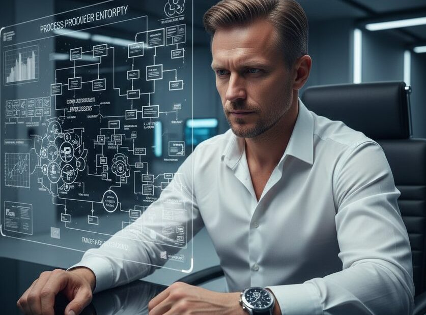 The Efficiency Requiem Why Your Talent is Your Golden Cage A focused man (35-45) in a white shirt, wearing a mechanical chronometer, observing holographic process diagrams in a sterile office, symbolizing a Process Engineer mastering corporate entropy.