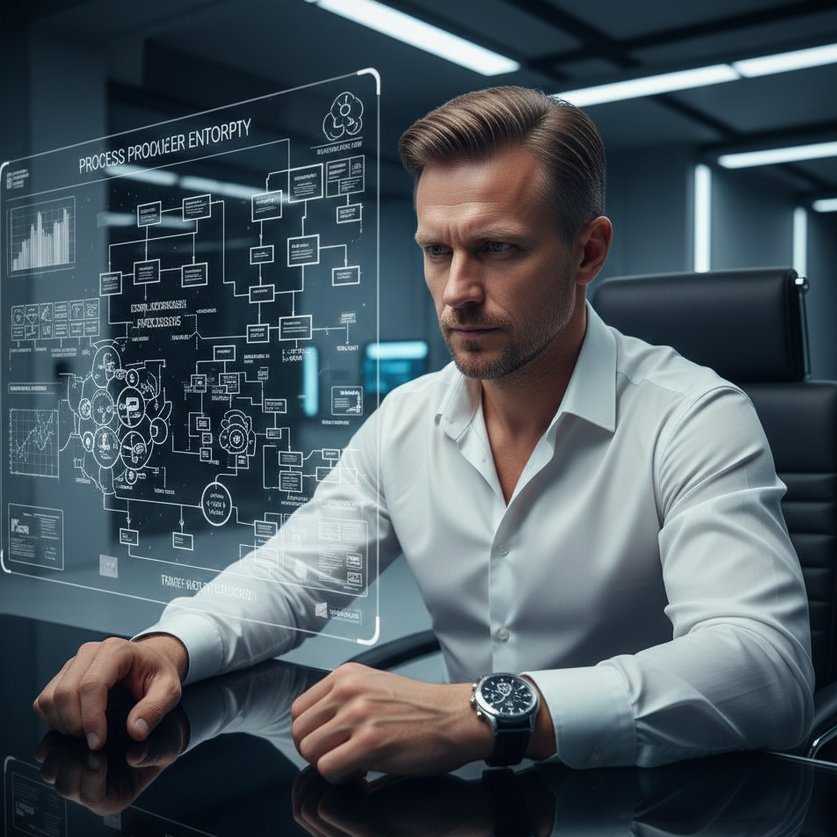 A focused man (35-45) in a white shirt, wearing a mechanical chronometer, observing holographic process diagrams in a sterile office, symbolizing a Process Engineer mastering corporate entropy.