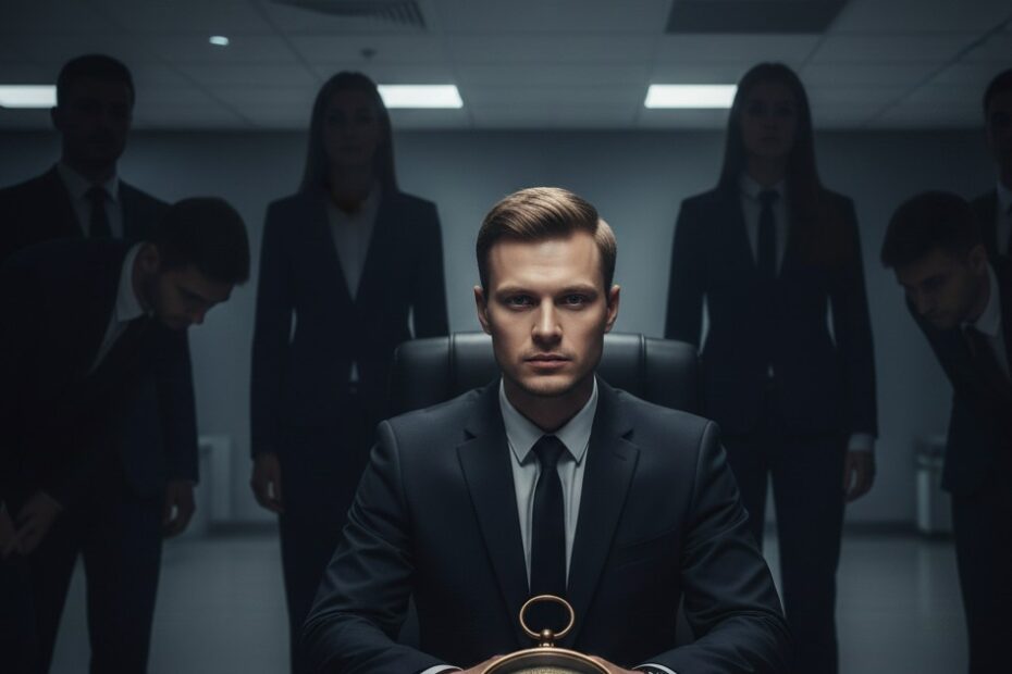 The Price of Silence: How to Become a Risk Controller in the Global Cacophony A Russian man in a dark, minimalist office, sitting alone at a desk with a compass, surrounded by semi-transparent 'ghosts' of colleagues, symbolizing the isolation required for objective risk control.