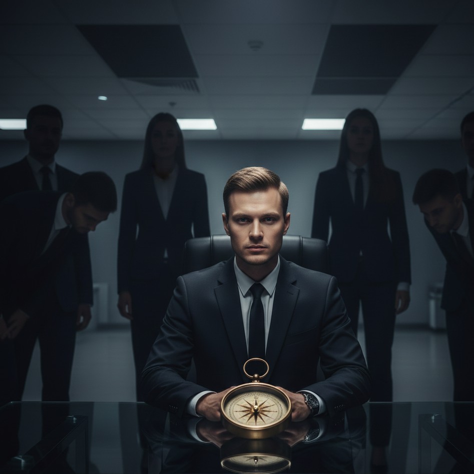 A Russian man in a dark, minimalist office, sitting alone at a desk with a compass, surrounded by semi-transparent 'ghosts' of colleagues, symbolizing the isolation required for objective risk control.