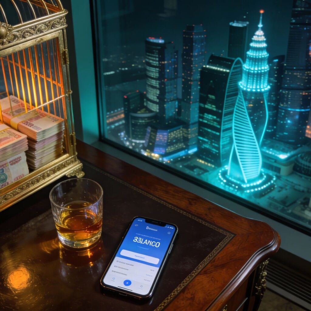 High-paid corporate worker in a Moscow office at night looking at the city skyline while surrounded by mortgage and bills, symbolizing the salary trap in 2025