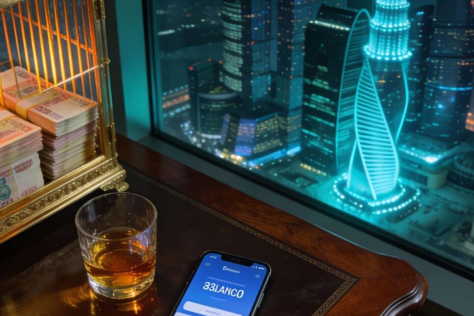 High-paid corporate worker in a Moscow office at night looking at the city skyline while surrounded by mortgage and bills, symbolizing the salary trap in 2025