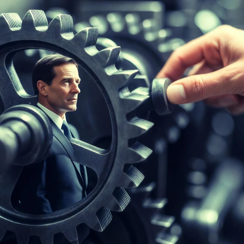 Irreplaceability test: businessman as expensive cog in corporate gear mechanism Caption: Are you a strategic asset or replaceable cog? 90% execs fail this test