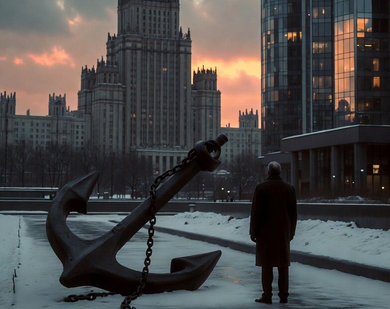 THE CONCRETE ANCHOR: How $1.5M in Moscow Real Estate Stole Your Freedom Heavy concrete ship anchor chained with golden apartment keys lying on snowy sidewalk at Patriarch’s Ponds, Moscow. Symbol of $1.5 million luxury real estate that stole personal freedom. Cinematic winter evening.
