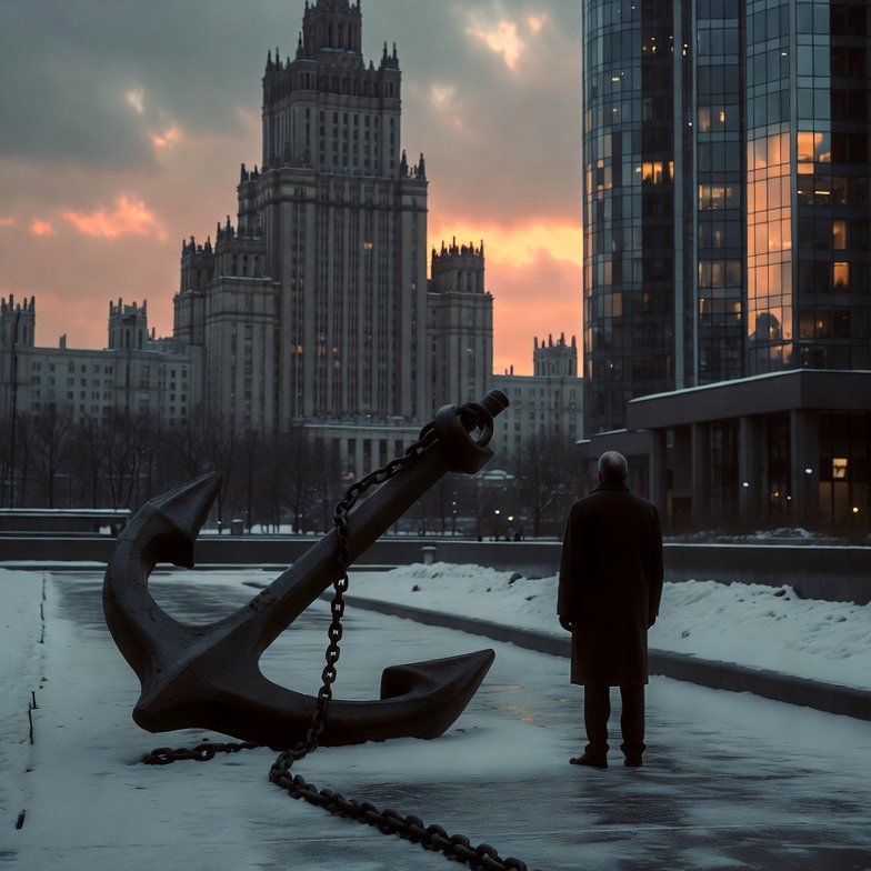 Heavy concrete ship anchor chained with golden apartment keys lying on snowy sidewalk at Patriarch’s Ponds, Moscow. Symbol of $1.5 million luxury real estate that stole personal freedom. Cinematic winter evening.