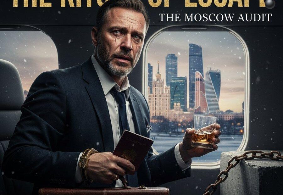 THE RITUAL OF ESCAPE — Why Your Vacation Is a Costly Ransom, Not Rest A stylized, cinematic image of an exhausted Slavic executive in an airport, desperately escaping Moscow to avoid burnout, symbolizing corporate ransom.