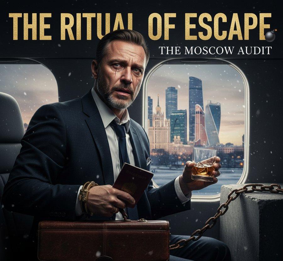 A stylized, cinematic image of an exhausted Slavic executive in an airport, desperately escaping Moscow to avoid burnout, symbolizing corporate ransom.