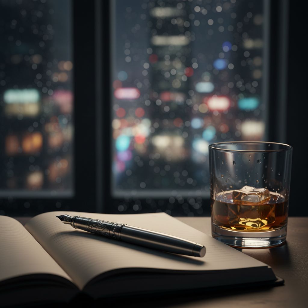 Anti-fragile strategy and life architecture concept: a luxury dark desk with a fountain pen, notebook, and a whiskey glass against a stormy city window.