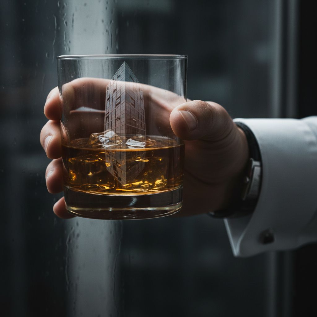 A high-end executive's hand next to a corporate ID card in a dark noir setting — representing the golden cage of corporate loyalty.