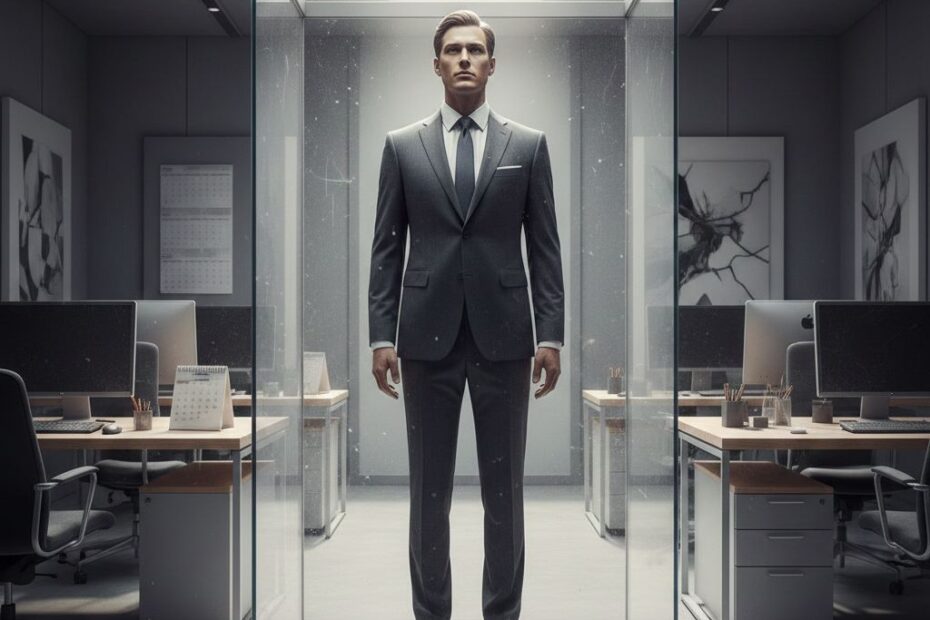 Stability as a Wax Museum: The Hidden Cost of Western Corporate "Safety" A high-end businessman depicted as a wax museum figure in a glass display, symbolizing the stillness and lack of growth in corporate stability.