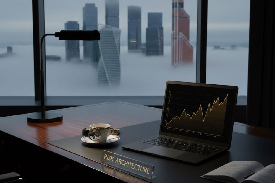The X5 Formula: How to Stop Being a "Profitable Investment" for Your Boss A high-end executive desk in a skyscraper overlooking the Moscow City skyline at twilight, symbolizing corporate success and strategic career transition.