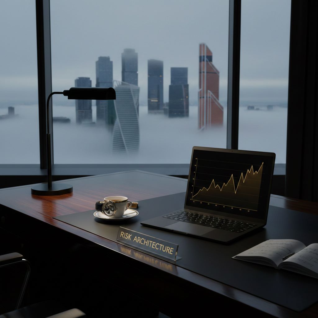 A high-end executive desk in a skyscraper overlooking the Moscow City skyline at twilight, symbolizing corporate success and strategic career transition.